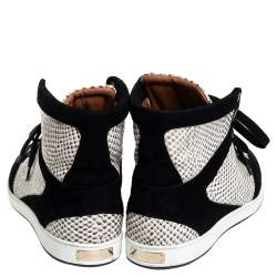 Pre Owned Jimmy Choo White/Black Suede And Snakeskin Embossed High Top Sneakers Size 38.5