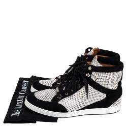 Pre Owned Jimmy Choo White/Black Suede And Snakeskin Embossed High Top Sneakers Size 38.5