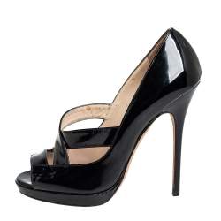 Jimmy Choo Black Patent Leather Gesture Cross Strap Peep Toe Pumps Size 36