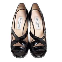 Jimmy Choo Black Patent Leather Gesture Cross Strap Peep Toe Pumps Size 36