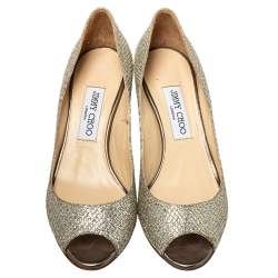 Pre Owned Jimmy Choo Metallic Gold Glitter Isabel Peep Toe Pumps Size 38
