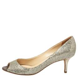 Pre Owned Jimmy Choo Metallic Gold Glitter Isabel Peep Toe Pumps Size 38