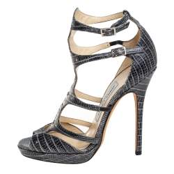 Jimmy Choo Grey Croc Embossed Leather Studded Strappy Sandals Size 36