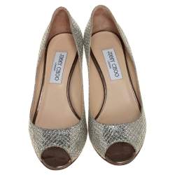 Pre Owned Jimmy Choo Metallic Silver Glitter Fabric Peep Toe Pumps Size 37
