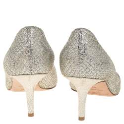 Pre Owned Jimmy Choo Metallic Silver Glitter Fabric Peep Toe Pumps Size 37