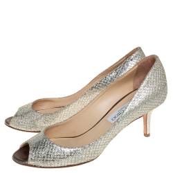 Pre Owned Jimmy Choo Metallic Silver Glitter Fabric Peep Toe Pumps Size 37