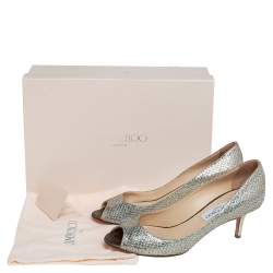 Pre Owned Jimmy Choo Metallic Silver Glitter Fabric Peep Toe Pumps Size 37