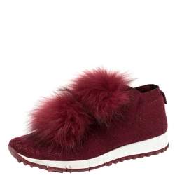 Jimmy Choo Burgundy Knit Fabric And Fur Pom Pom Norway Sneakers Size 38