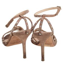 Pre Owned Jimmy Choo Metallic Beige Suede Crystal Embellished Cutout Sandals Size 36