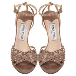 Pre Owned Jimmy Choo Metallic Beige Suede Crystal Embellished Cutout Sandals Size 36