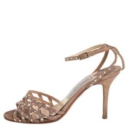 Pre Owned Jimmy Choo Metallic Beige Suede Crystal Embellished Cutout Sandals Size 36