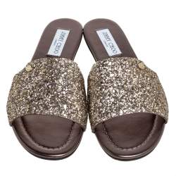 Pre Owned Jimmy Choo Metallic Gold Glitter  Flat Sandals Size 39