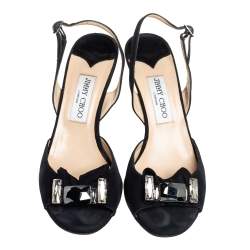 Pre Owned Jimmy Choo Black Satin Crystal Embellished Open Toe Slingback Sandals Size 38.5