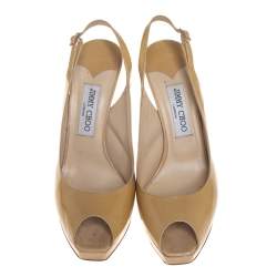 Jimmy Choo Beige Patent Leather Nova Peep Toe Platform Slingback Sandals Size 39