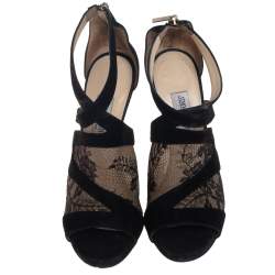 Pre Owned صندل جيمي تشو سويدي أسود ودانتيل مقاس 38.5