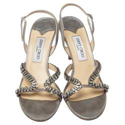 Pre Owned صندل جيمي تشو جلد فضي مزخرف كريستال بحزام للكاحل مقاس 40