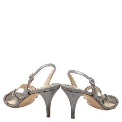 Pre Owned صندل جيمي تشو جلد فضي مزخرف كريستال بحزام للكاحل مقاس 40