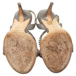 Pre Owned صندل جيمي تشو جلد فضي مزخرف كريستال بحزام للكاحل مقاس 40