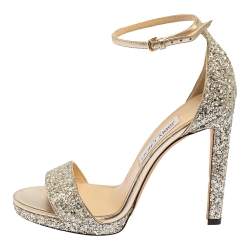 Pre Owned Jimmy Choo Silver Coarse Glitter Misty Sandals Size 39