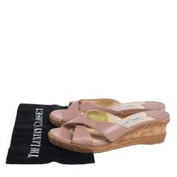 Pre Owned  Jimmy Choo Beige Leather Crisscross Wedge Espadrille Sandals Size 40