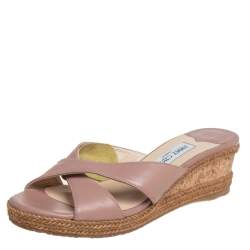 Pre Owned  Jimmy Choo Beige Leather Crisscross Wedge Espadrille Sandals Size 40