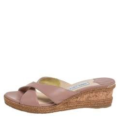 Pre Owned  Jimmy Choo Beige Leather Crisscross Wedge Espadrille Sandals Size 40