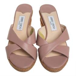 Pre Owned  Jimmy Choo Beige Leather Crisscross Wedge Espadrille Sandals Size 40