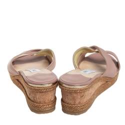 Pre Owned  Jimmy Choo Beige Leather Crisscross Wedge Espadrille Sandals Size 40