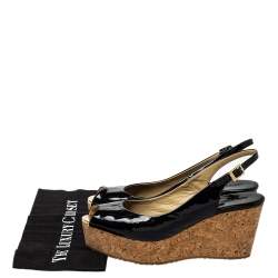 Pre Owned Jimmy Choo Black Patent Leather Prova Cork Wedge Peep Toe Platform Slingback Sandals Size 40