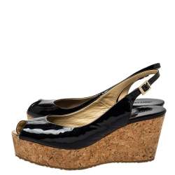 Pre Owned Jimmy Choo Black Patent Leather Prova Cork Wedge Peep Toe Platform Slingback Sandals Size 40