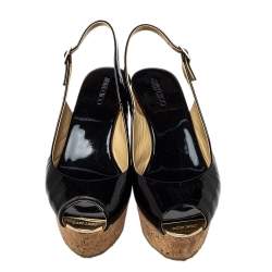 Pre Owned Jimmy Choo Black Patent Leather Prova Cork Wedge Peep Toe Platform Slingback Sandals Size 40