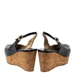 Pre Owned Jimmy Choo Black Patent Leather Prova Cork Wedge Peep Toe Platform Slingback Sandals Size 40