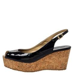 Pre Owned Jimmy Choo Black Patent Leather Prova Cork Wedge Peep Toe Platform Slingback Sandals Size 40