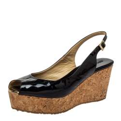 Pre Owned Jimmy Choo Black Patent Leather Prova Cork Wedge Peep Toe Platform Slingback Sandals Size 40