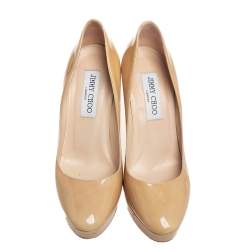 Pre Owned Jimmy Choo Nude Patent Leather Cosmic Platform Pumps Size 37