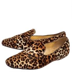 Pre Owned Jimmy Choo Brown Leopard Pony Hair Wheel Smoking Slippers Size 37