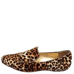 Pre Owned Jimmy Choo Brown Leopard Pony Hair Wheel Smoking Slippers Size 37