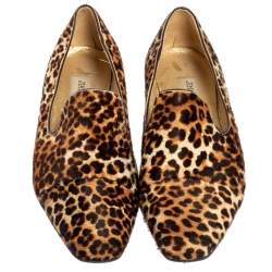 Pre Owned Jimmy Choo Brown Leopard Pony Hair Wheel Smoking Slippers Size 37