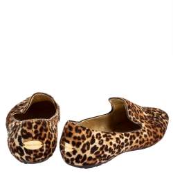 Pre Owned Jimmy Choo Brown Leopard Pony Hair Wheel Smoking Slippers Size 37