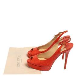 Pre Owned Jimmy Choo Orange Croc Embossed Leather  Peep Toe Platform Slingback Sandals Size 38