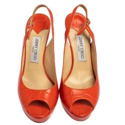 Pre Owned Jimmy Choo Orange Croc Embossed Leather  Peep Toe Platform Slingback Sandals Size 38