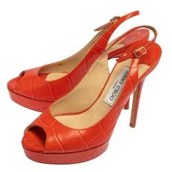 Pre Owned Jimmy Choo Orange Croc Embossed Leather  Peep Toe Platform Slingback Sandals Size 38