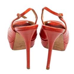 Pre Owned Jimmy Choo Orange Croc Embossed Leather  Peep Toe Platform Slingback Sandals Size 38