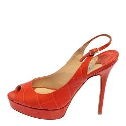 Pre Owned Jimmy Choo Orange Croc Embossed Leather  Peep Toe Platform Slingback Sandals Size 38