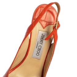 Pre Owned Jimmy Choo Orange Croc Embossed Leather  Peep Toe Platform Slingback Sandals Size 38