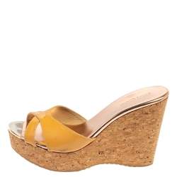 Pre Owned Jimmy Choo Beige Patent Leather Perfume Cork Wedge Slide Sandals Size 39