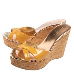 Pre Owned Jimmy Choo Beige Patent Leather Perfume Cork Wedge Slide Sandals Size 39