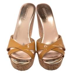 Pre Owned Jimmy Choo Beige Patent Leather Perfume Cork Wedge Slide Sandals Size 39