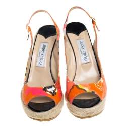 Pre Owned Jimmy Choo Multicolor Canvas Espadrille Wedge Slingback Sandals Size 38