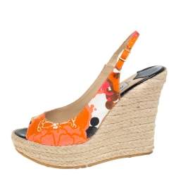 Pre Owned Jimmy Choo Multicolor Canvas Espadrille Wedge Slingback Sandals Size 38
